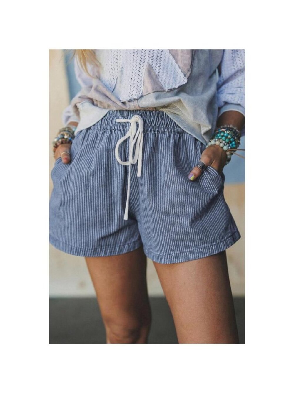 Striped Drawstring Denim Shorts